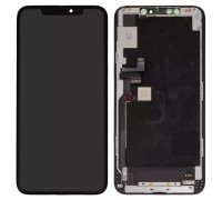 Дисплей для iPhone 11 Pro Max, черный, с рамкой, Оригинал (переклеено стекло), с пластиками камеры и датчика приближения