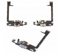 Шлейф для iPhone 11 Pro Max, коннектора наушников, коннектора зарядки, серебристый (Matte Silver), с микрофоном, Original (PRC)