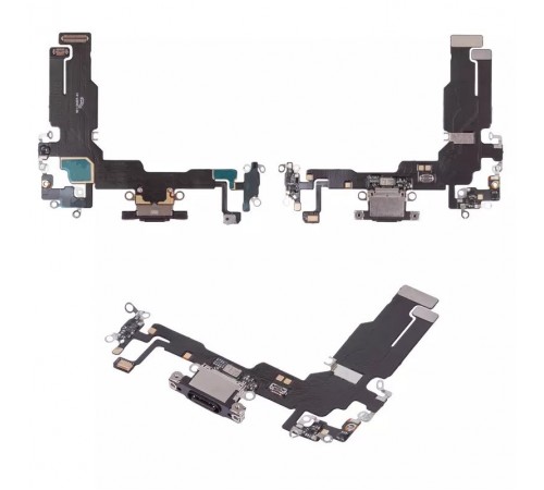 Шлейф для iPhone 15, коннектора зарядки, черный, с микрофоном, High Copy