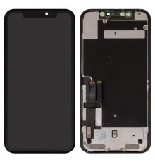 Дисплей для iPhone 11, черный, с рамкой, Оригинал (переклеено стекло), с пластиками камеры и датчика приближения, Toshiba/Sharp version