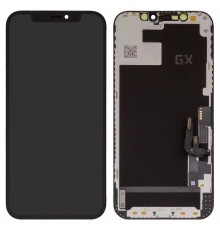Дисплей для iPhone 12, iPhone 12 Pro, чорний, з рамкою, High Copy з пластиками камери та датчика наближення, без мікросхеми, (OLED), GX OEM hard