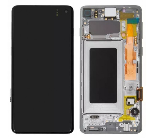 Дисплей для Samsung G973 Galaxy S10, белый, с рамкой, Original, сервисная упаковка, #GH82-18850B/GH82-18835B