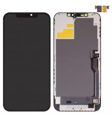 Дисплей для iPhone 12 Pro Max, черный, с рамкой, с пластиками камеры и датчика приближения, без микросхемы, High Copy (OLED), OEM hard, SL