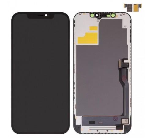 Дисплей для iPhone 12 Pro Max, чорний, з рамкою, з пластиками камери та датчика наближення, без мікросхеми, High Copy (OLED), OEM hard, SL