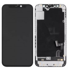 Дисплей для iPhone 12 mini, черный, с рамкой, Оригинал (переклеено стекло), с пластиками камеры и датчика приближения