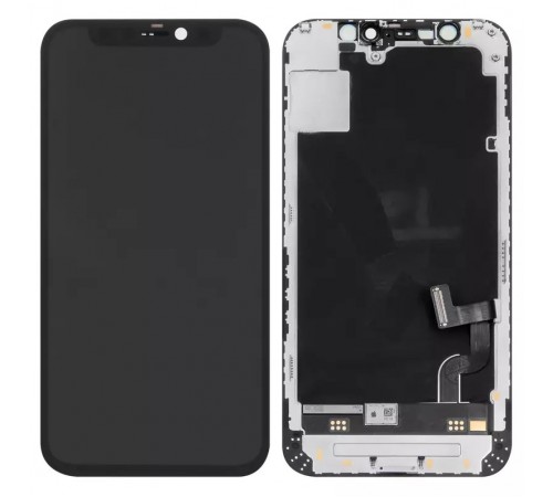 Дисплей для iPhone 12 mini, черный, с рамкой, Оригинал (переклеено стекло), с пластиками камеры и датчика приближения