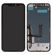 Дисплей для iPhone XR, чорний, з рамкою, Оригінал (переклеєно скло), з пластиками камери і датчика наближення, LG version