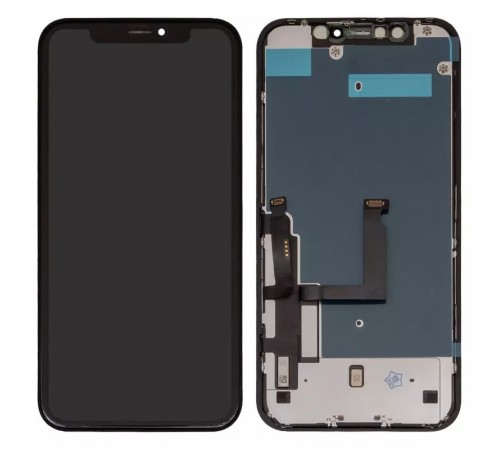 Дисплей для iPhone XR, чорний, з рамкою, Оригінал (переклеєно скло), з пластиками камери і датчика наближення, LG version
