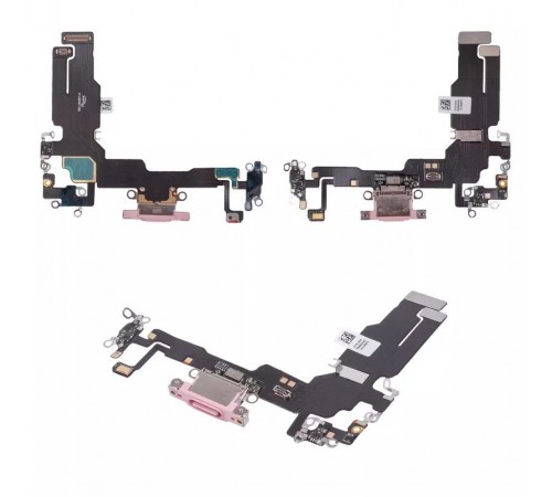 Шлейф для iPhone 15, коннектора зарядки, розовый, с микрофоном, High Copy