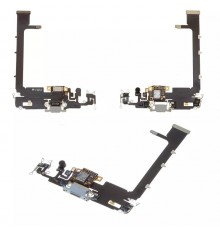 Шлейф для iPhone 11 Pro Max, коннектора наушников, коннектора зарядки, серебристый (Matte Silver), с микрофоном, Original (PRC)