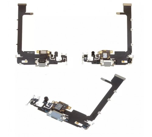 Шлейф для iPhone 11 Pro Max, конектора навушників, конектора зарядки, сріблястий (Matte Silver), з мікрофоном, Original (PRC)