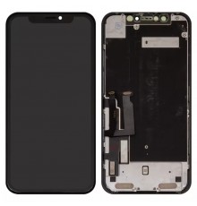 Дисплей для iPhone XR, чорний, з рамкою, Оригінал (переклеєно скло), з пластиками камери і датчика наближення, Toshiba/Sharp version