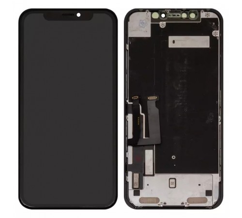 Дисплей для iPhone XR, чорний, з рамкою, Оригінал (переклеєно скло), з пластиками камери і датчика наближення, Toshiba/Sharp version