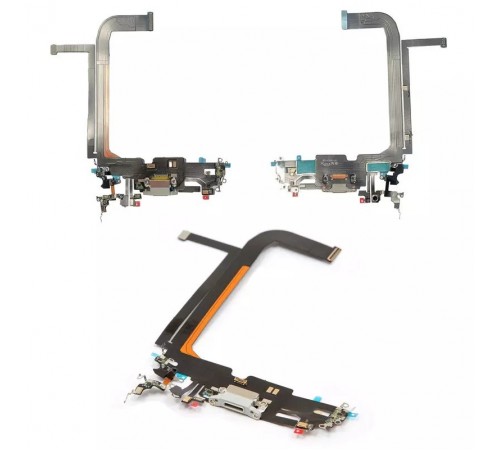 Шлейф для iPhone 13 Pro Max, конектора зарядки, сірий, з мікрофоном, з компонентами, High Copy silver