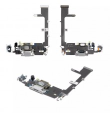 Шлейф для iPhone 11 Pro, конектора навушників, конектора зарядки, сріблястий, з мікрофоном, з компонентами, Original (PRC)