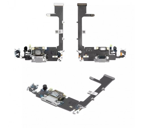 Шлейф для iPhone 11 Pro, коннектора наушников, коннектора зарядки, серебристый, с микрофоном, с компонентами, Original (PRC)