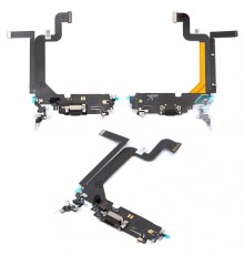 Шлейф для iPhone 14 Pro Max, коннектора зарядки, черный, с микрофоном, с компонентами, Original (PRC)