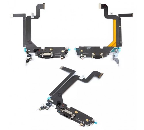 Шлейф для iPhone 14 Pro Max, коннектора зарядки, черный, с микрофоном, с компонентами, Original (PRC)