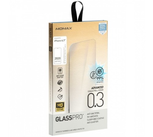 Защитное стекло для Apple iPhone 12 Pro Max, 0.3mm, Glass Pro+ Anti-Bacterial Screen Protector, Momax (PZAP20LBS1T), прозрачное