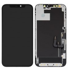 Дисплей для iPhone 12, iPhone 12 Pro, черный, с рамкой, High Copy с пластиками камеры и датчика приближения, (OLED), GK OEM hard