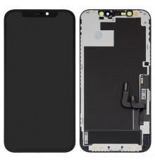 Дисплей для iPhone 12, iPhone 12 Pro, чорний, з рамкою, High Copy з пластиками камери та датчика наближення, (OLED), GK OEM hard