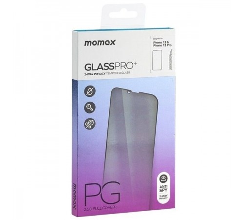 Защитное стекло для Apple iPhone 13, iPhone 13 Pro, iPhone 14, iPhone 16e, антишпион, 0.3mm, 2.5D, 9H, Glass Pro+, 2-Way Privacy, HD Super-Clearness, Momax (PZAP21MD1VD), черный