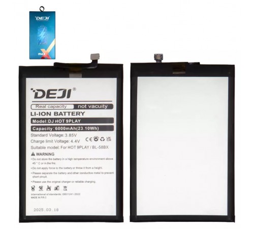 Акумулятор Deji BL-58BX для Infinix Hot 10 Play (X688C), Hot 11 Play, Hot 9 Play (X680), Li-ion, 3,85 В, 6000 мАг