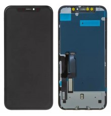 Дисплей для iPhone XR, чорний, з рамкою, Copy, Tianma, з пластиками камери і датчика наближення, з захисним екраном дисплея