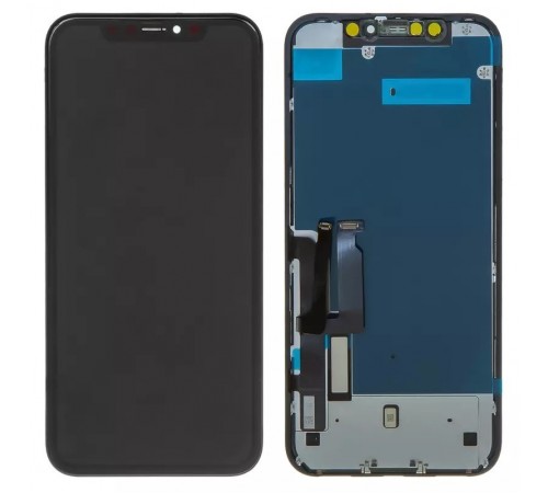 Дисплей для iPhone XR, чорний, з рамкою, Copy, Tianma, з пластиками камери і датчика наближення, з захисним екраном дисплея