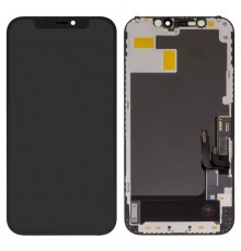 Дисплей для iPhone 12, iPhone 12 Pro, чорний, з рамкою, High Copy з пластиками камери та датчика наближення, без мікросхеми, (OLED), GK OEM hard