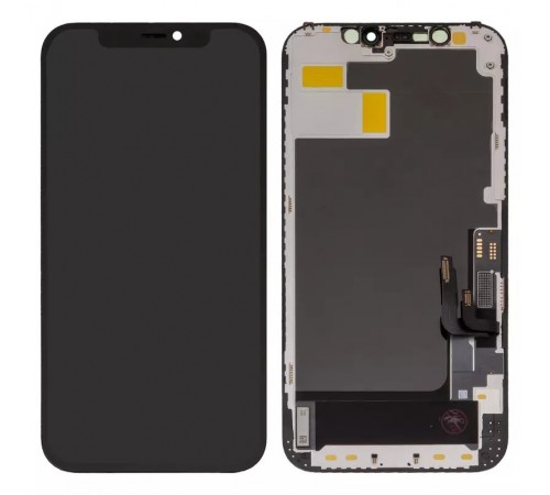 Дисплей для iPhone 12, iPhone 12 Pro, чорний, з рамкою, High Copy з пластиками камери та датчика наближення, без мікросхеми, (OLED), GK OEM hard