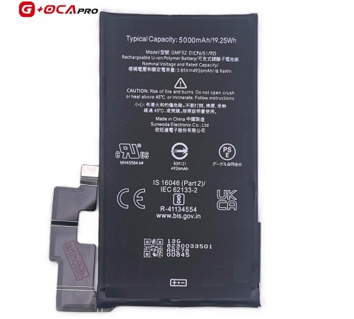 Аккумулятор G+OCA Pro GMF5Z для Google Pixel 7 Pro, Li-Polymer, 3,85 B, 5000 мАч Аккумулятор G+OCA Pro GMF5Z для Google Pixel 7 Pro, Li-Polymer, 3,85 B, 5000 мАч