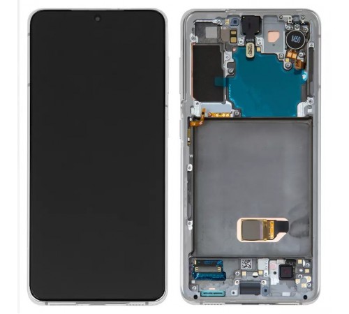 Дисплей для Samsung G991 Galaxy S21 5G, белый, с фронтальной камерой, с рамкой, Original, сервисная упаковка, phantom white, #GH82-24716C/GH82-24718C/GH82-24544C