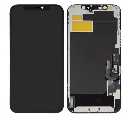 Дисплей для iPhone 12, iPhone 12 Pro, чорний, з рамкою, High Copy з пластиками камери та датчика наближення, (OLED), XY OEM soft