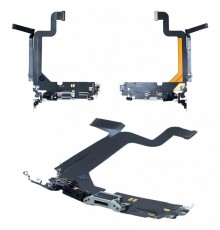 Шлейф для iPhone 14 Pro Max, коннектора зарядки, серый, с микрофоном, с компонентами, Original (PRC), silver