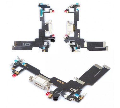 Шлейф для iPhone 14, коннектора зарядки, белый, с микрофоном, с компонентами, High Copy