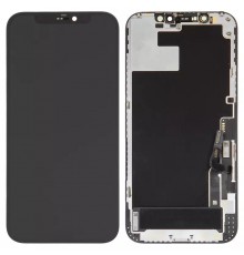 Дисплей для iPhone 12, iPhone 12 Pro, черный, с рамкой, Оригинал (переклеено стекло), с пластиками камеры и датчика приближения