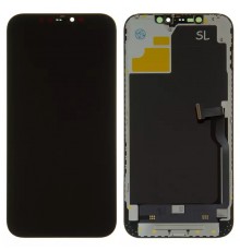 Дисплей для iPhone 12 Pro Max, чорний, з рамкою, з пластиками камери та датчика наближення, High Copy (OLED), OEM hard, SL