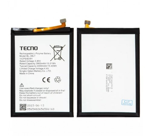 Акумулятор BL-39LT для Tecno Camon 12, Camon 12 Air (CC6), Spark 4, Spark 4 Lite, Spark Go Plus, Li-Polymer, 3,85 В, 4000 мАг, Original (PRC) Акумулятор BL-39LT для Tecno Camon 12, Camon 12 Air (CC6), Spark 4, Spark 4 Lite, Spark Go Plus, Li-Polymer, 3,85 В, 4000 мАг, Original (PRC)