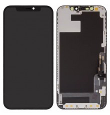 Дисплей для iPhone 12, iPhone 12 Pro, чорний, з рамкою, High Copy з пластиками камери та датчика наближення, без мікросхеми, (OLED) OEM soft