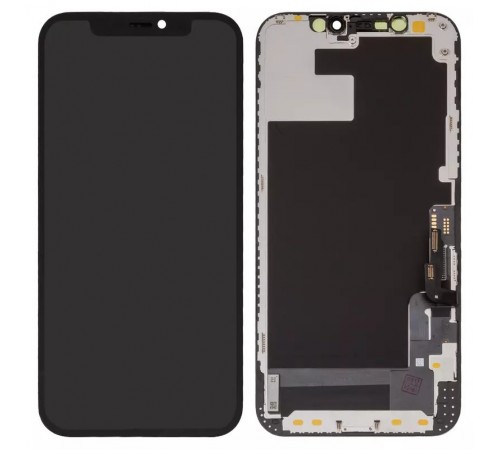 Дисплей для iPhone 12, iPhone 12 Pro, чорний, з рамкою, High Copy з пластиками камери та датчика наближення, без мікросхеми, (OLED) OEM soft