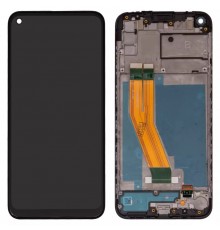 Дисплей для Samsung A115 Galaxy A11, M115 Galaxy M11, чорний, з рамкою, Оригінал (переклеєне скло), мутне віконце фронтальної камери