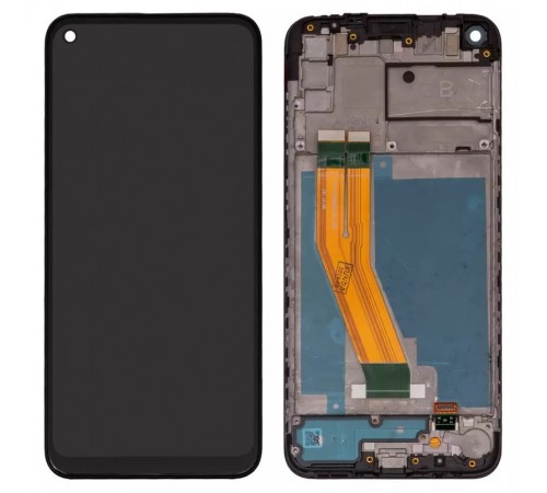 Дисплей для Samsung A115 Galaxy A11, M115 Galaxy M11, чорний, з рамкою, Оригінал (переклеєне скло), мутне віконце фронтальної камери