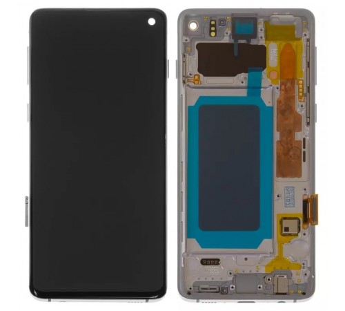 Дисплей для Samsung G973 Galaxy S10, білий, з рамкою, Оригінал (переклеєне скло)