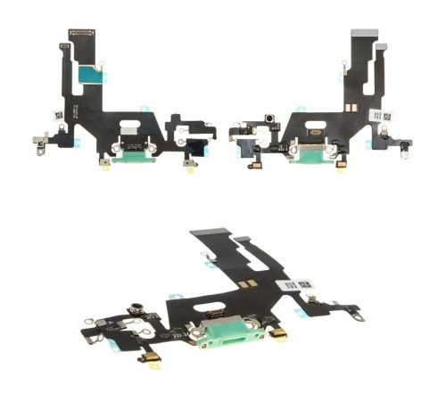 Шлейф для iPhone 11, коннектора наушников, коннектора зарядки, зеленый, с микрофоном, High Copy