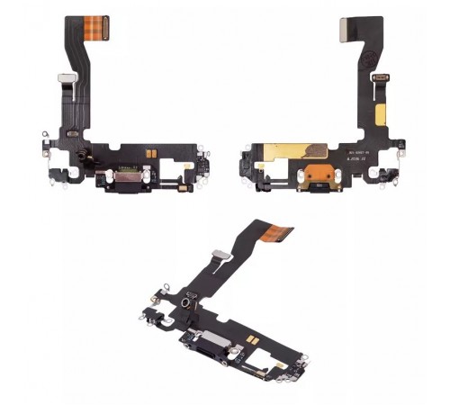 Шлейф для iPhone 12, iPhone 12 Pro, коннектора зарядки, черный, с микрофоном, с компонентами, Original (PRC)