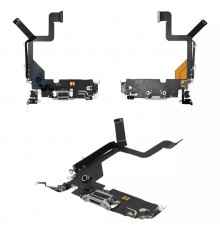Шлейф для iPhone 14 Pro, коннектора зарядки, серый, с микрофоном, с компонентами, Original (PRC), silver