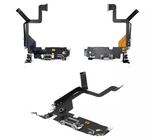 Шлейф для iPhone 14 Pro, конектора зарядки, сірий, з мікрофоном, з компонентами, Original (PRC), silver