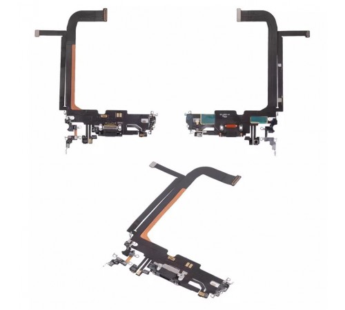 Шлейф для iPhone 13 Pro Max, конектора зарядки, чорний, з мікрофоном, з компонентами, High Copy graphite