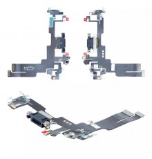 Шлейф для iPhone 14, коннектора зарядки, черный, с микрофоном, с компонентами, High Copy